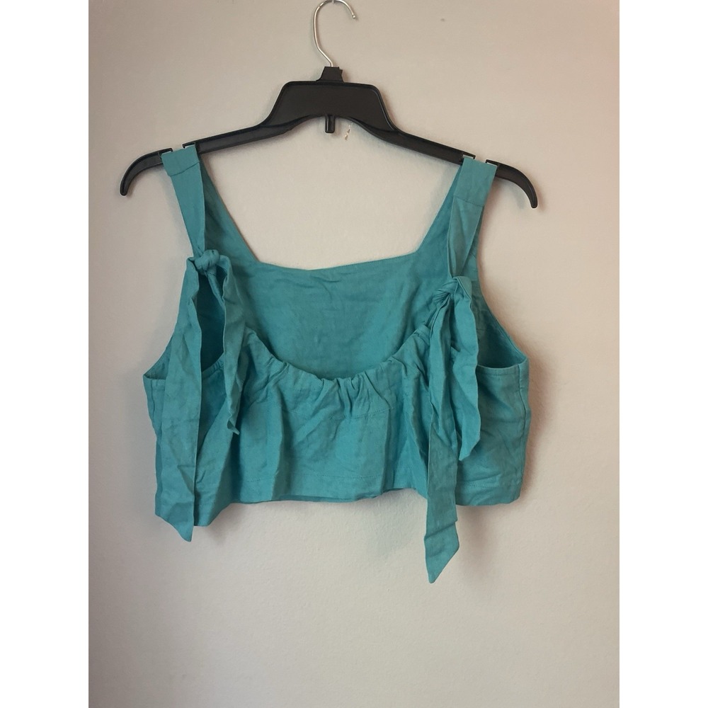 Free People Teal Linen Blend Crop Top Tie Straps Elastic Back Size Large NWOT‎